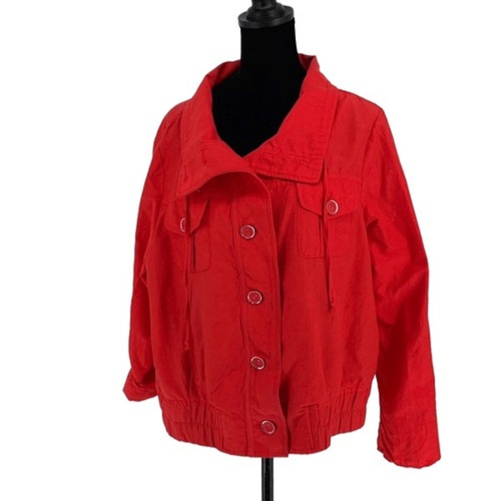 Chico's Womens Collared Long Sleeve Snap Button Cotton Blend Jacket Red/Orange S
